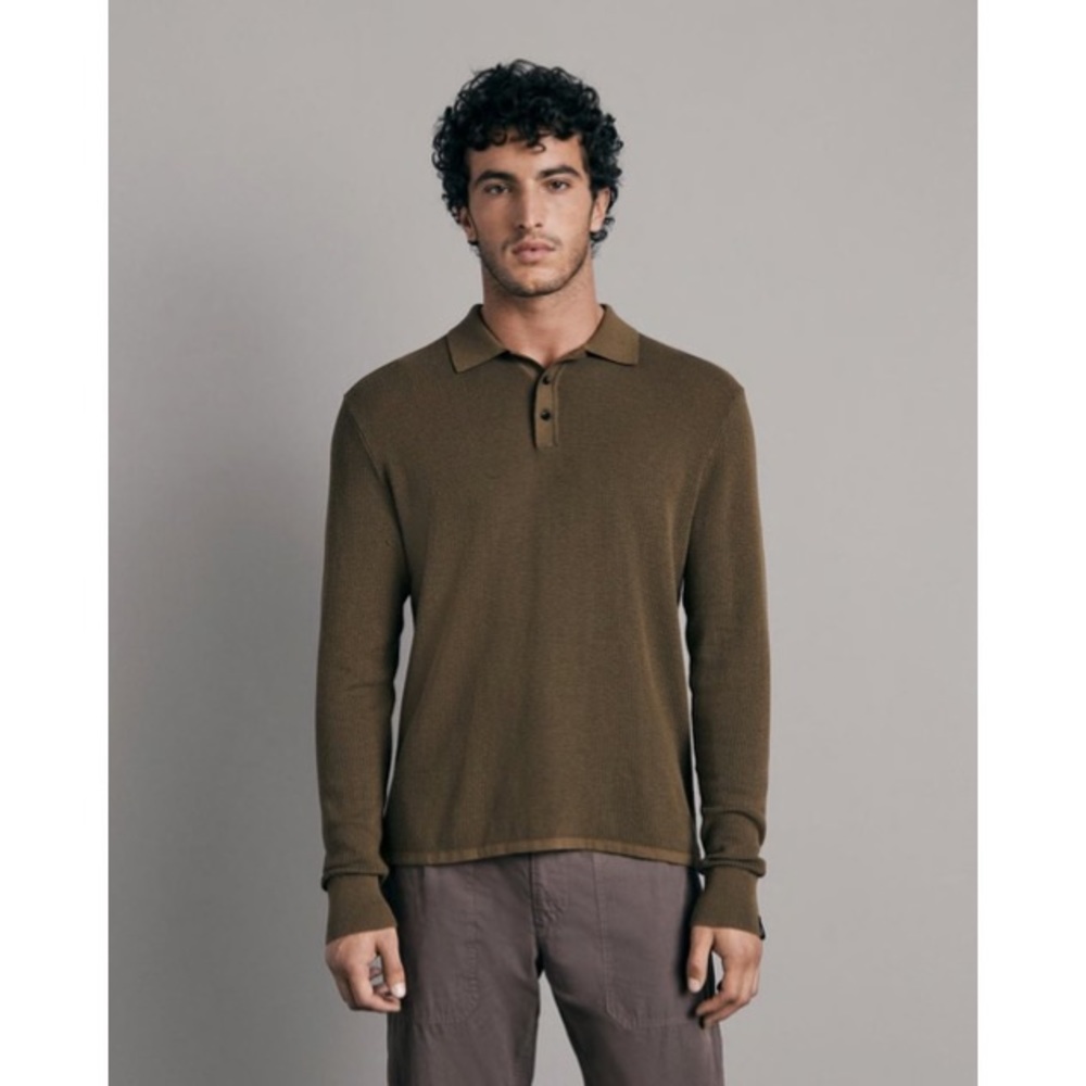 NWT Rag & Bone Harvey Cotton Knit Long Sleeve Polo Classic Fit Polo Army Size L